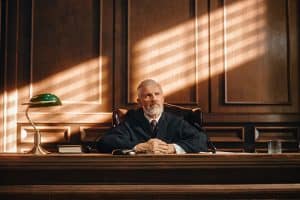 Portrait of an Unbiased Male Judge Listening to a Pleaded Case. After hearing arguments. Deliberation of the Guilty vs. Not Guilty Verdict